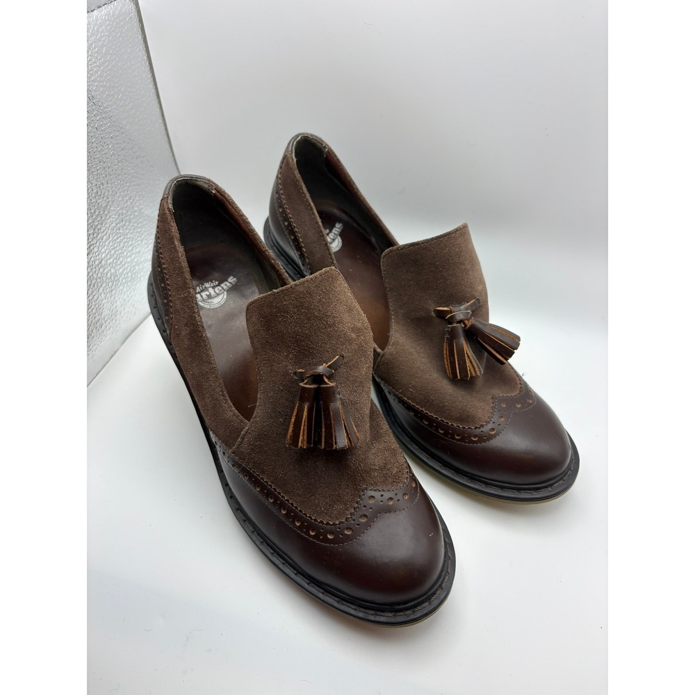 Dr Martens Brown Leather Suede Tassel Heeled Loafers Brogue Shoes US 6 Chunky